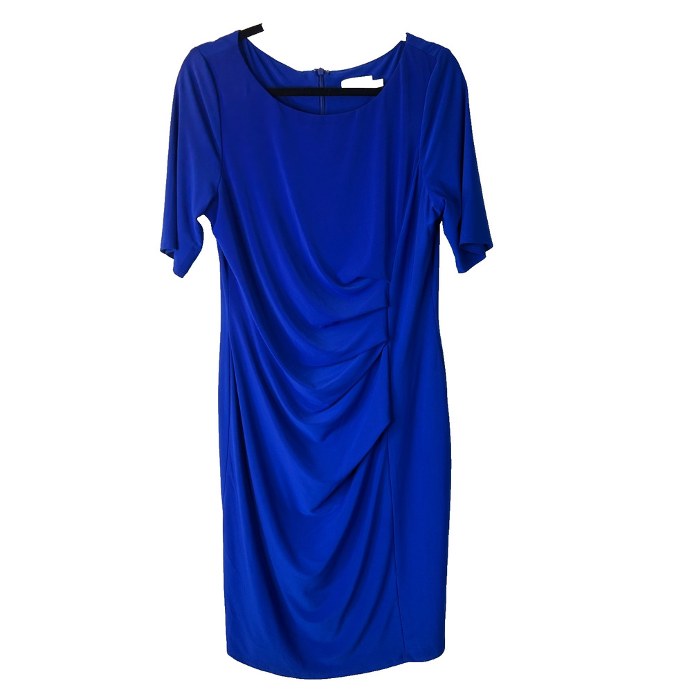 Eliza J Dress Size 14 Royal Blue 3/4 Sleeve Pleated Draped Ruched Shift Office